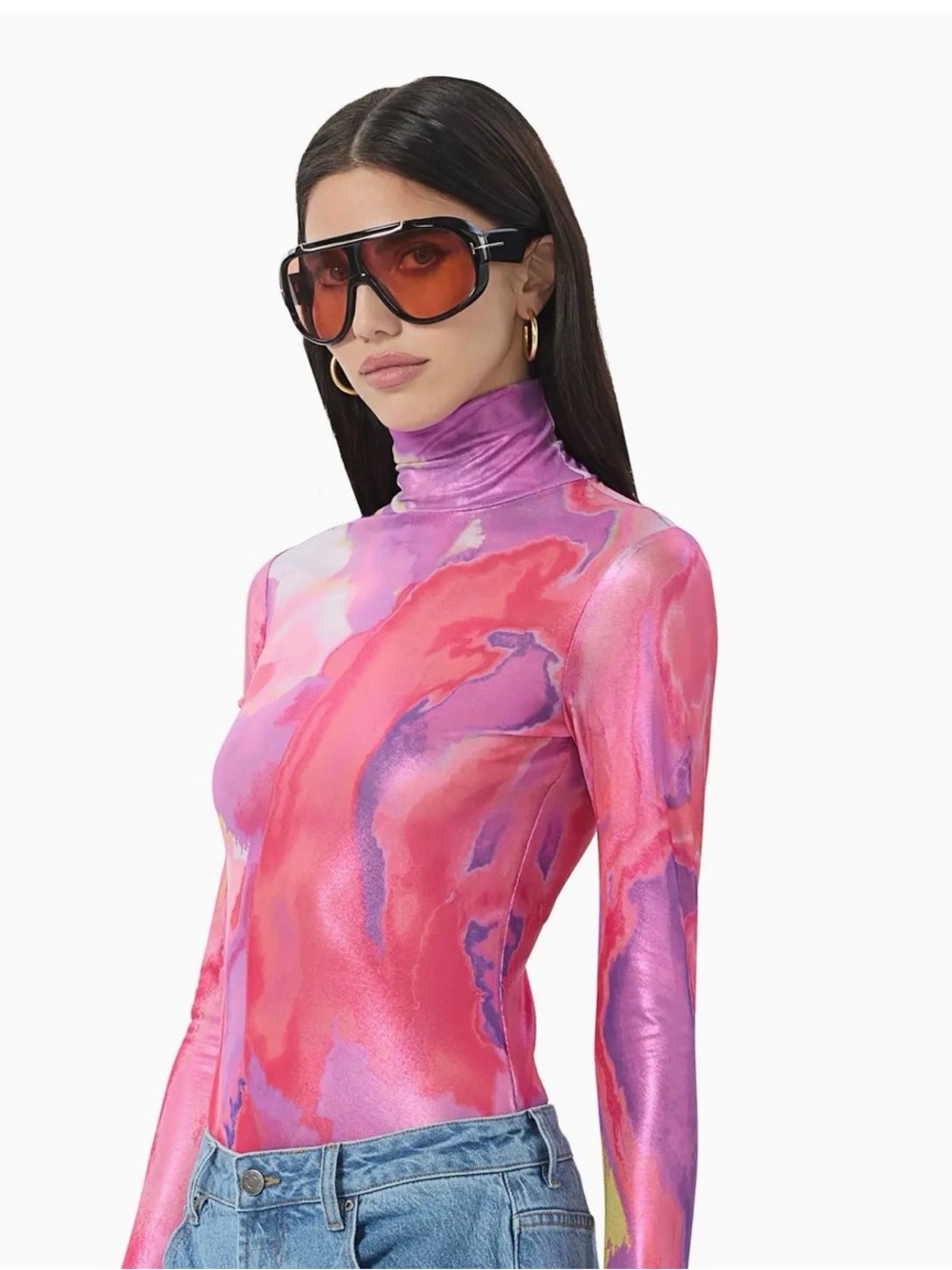 AFRM Zadie Mesh Pink Purple Watercolor Marble Turtleneck Long Sleeve Top
